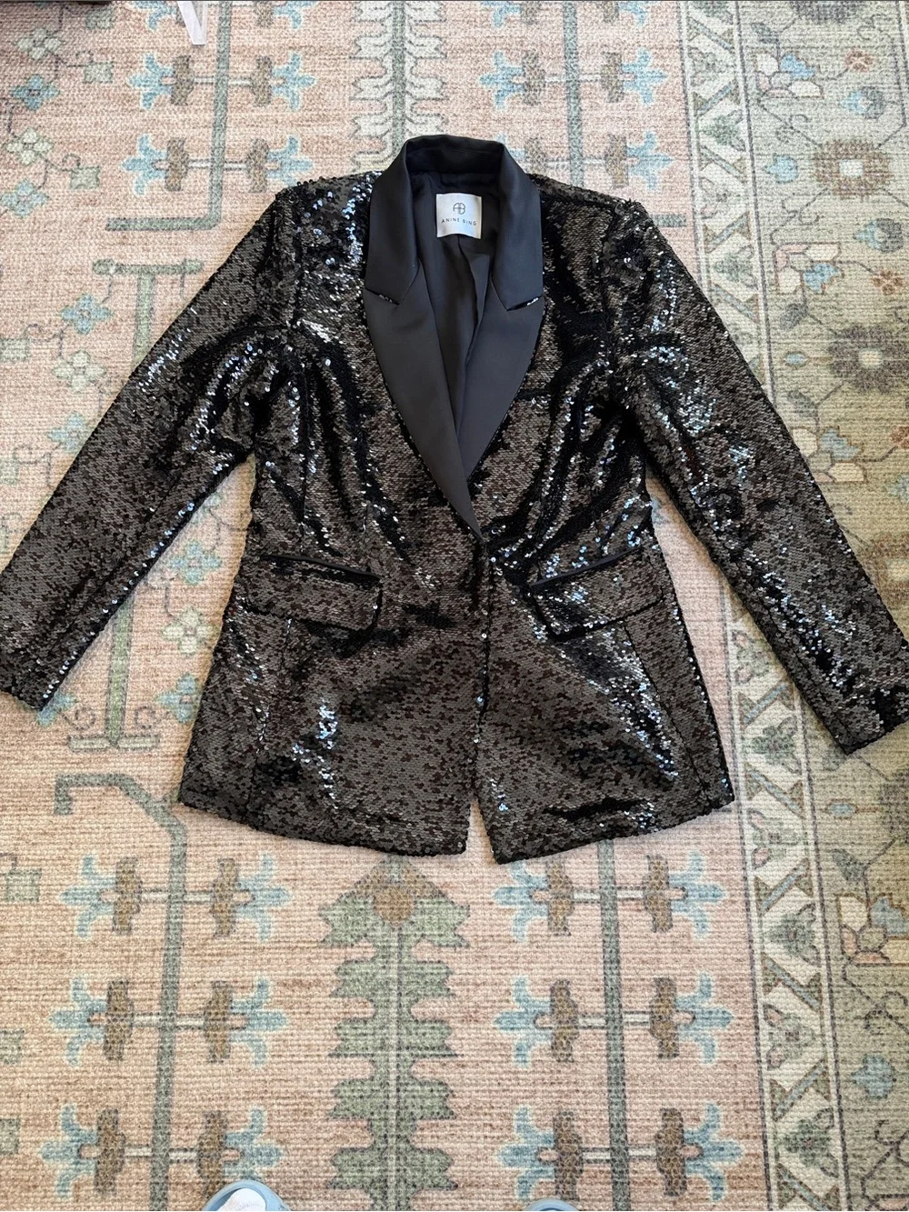 Anine Bing Ace Black Sequin Blazer with Satin Lapel | Size Small - Picture 4 of 8